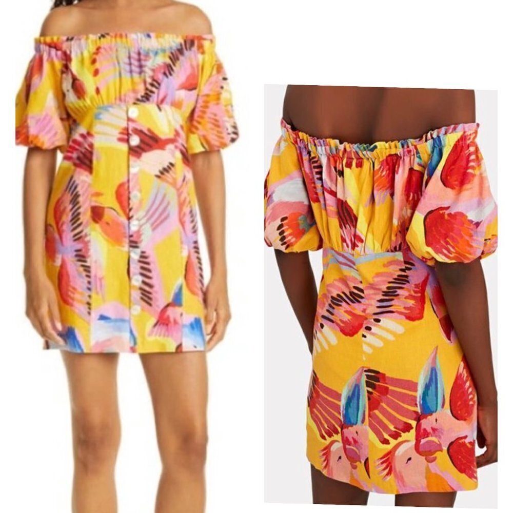 Farm Rio Yellow Neon Macaw Mother of Pearl Puff Sleeve Coastal Large Dress NWT